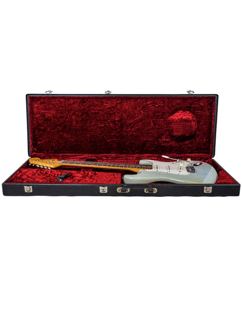 luxurious guitar case featuring red velvet lining, highlighting the sold vintage 1972 Fender Stratocaster refin from the USA.