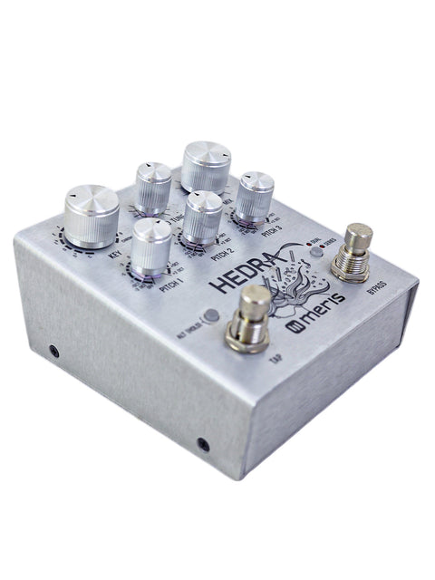 silver and black pedal displayed against a white background, representing the Meris Hedra 3-Voice Rhythmic Pitch Shifter.