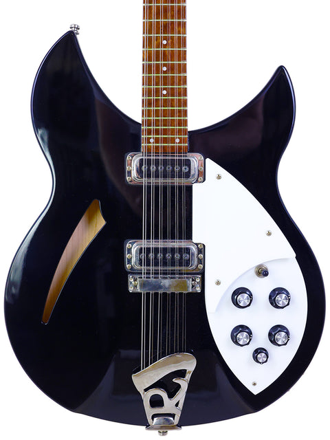 stylish black Rickenbacker 330 12-string guitar with a contrasting white pickguard, highlighting its 2020 USA design.