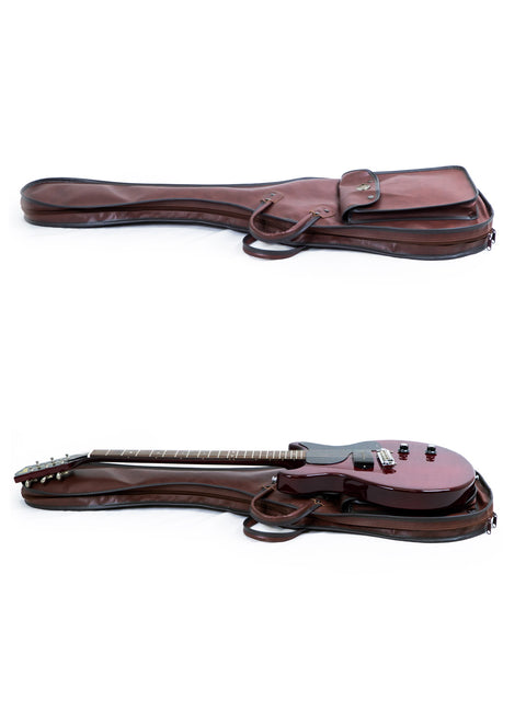 stylish guitar case with a strap features a Burny Les Paul Jr from the 1980s, perfect for musicians on the go.