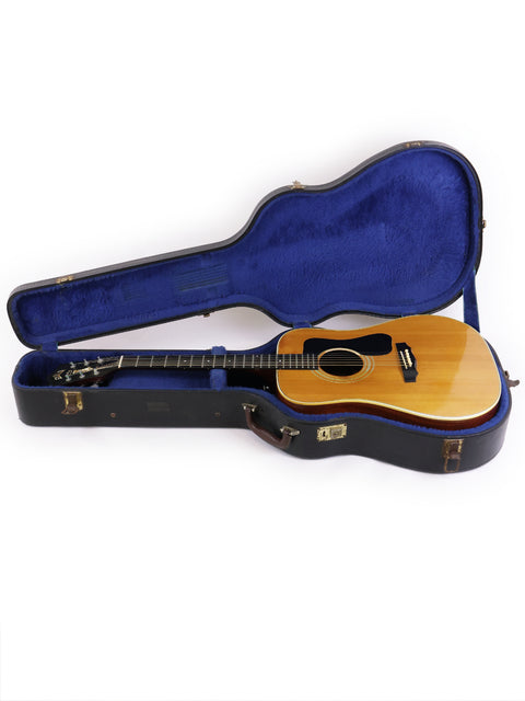 vintage 1974 Guild D-50 Bluegrass Special guitar resting in its case on a white backdrop.