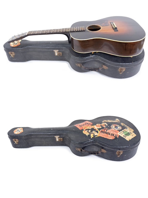vintage Gibson Roy Smeck Stage De Luxe guitar case from 1935, with a guitar inside and another guitar resting on top.