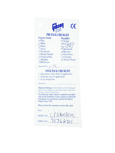 white card featuring the phrase "pre - pack list," associated with a 1998 Gibson Les Paul Standard guitar.